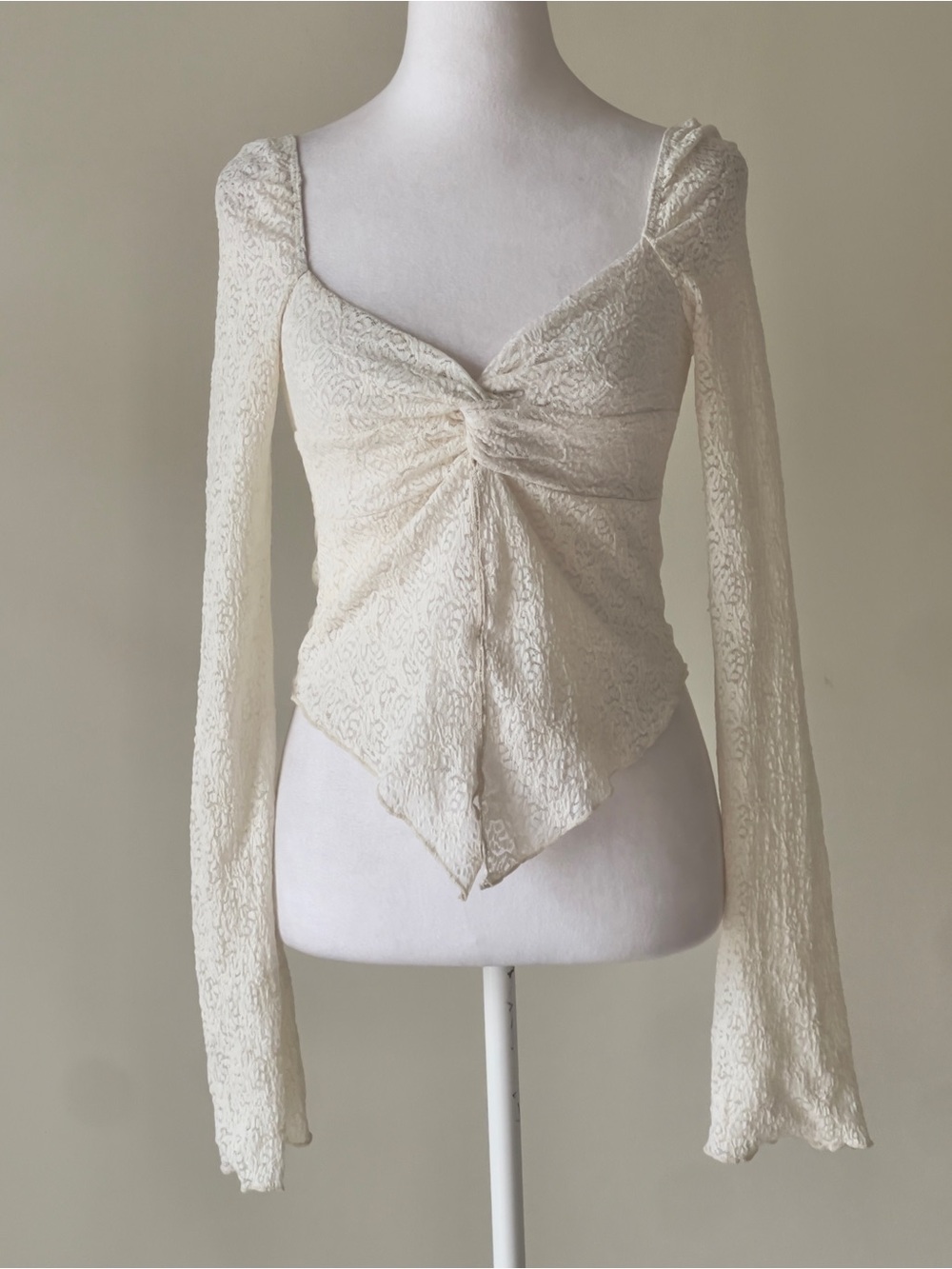 Windsor Cream Textured Lace Twist Front Handkerchief Hem Long Sleeve Crop Top